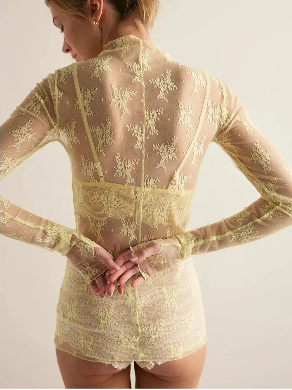 Free People Lux Layering Sheer Lace Long-Sleeve Top in Pale Yellow